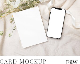 Mockup karty 5x7, Mockup inteligentnego obiektu, Karta ślubna, Minimalistyczny ślub, Mockup stylizowanej karty, Mockup karty ślubnej, Mockup urządzenia, Mockup iPhone'a