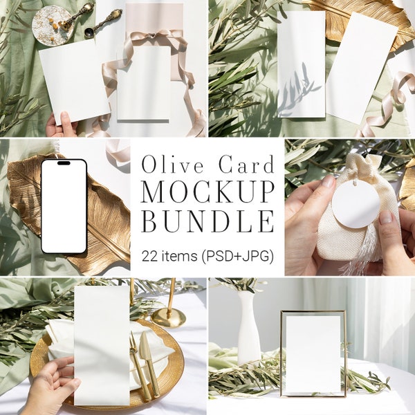 Olive Card Mockup Bundle, Greeting Card Mockup, 5x7 Card Mockup, Photo Frame Mockup, Phone Mockup, Candle Mockup, Wine Bottle Mockup