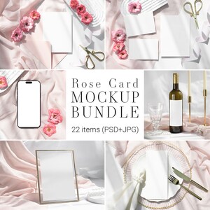 Kaart roze rozen mockup bundel, presentaties mockup, wenskaart mockup, 5 x 7 kaart mockup, kaars mockup, uitnodiging mockup, telefoon mockup, PRG