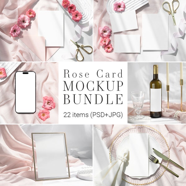 Card Pink Roses Mockup Bundle, Presentations Mockup, Greeting Card Mockup, 5x7 Card Mockup, Candle Mockup, Invitation Mockup, Phone Mock,PRG