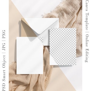 Anpassbares 5x7-Karten-Mockup, Online-Edit-Mockup, Canva-Mockup, Grußkarte, Bearbeitung von Farbeinladungen, zwei Karten mit Umschlag, 8e 2c5 b32