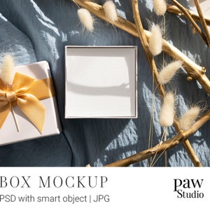 Mockup de caixa de joias, Mockup de cartão quadrado, Mockup de cartão de joias, Mockup de presente, Mockup de cartão de marca, Mockup de cartão de colar, Flat Lay de joias, BGW