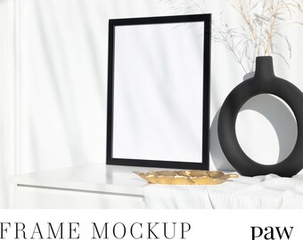 Photo Frame 3x4 Mockup On White Table With Black Vase And Dry Flowers, Presentation Mockup, Product Mockup, Photoshop Mockup