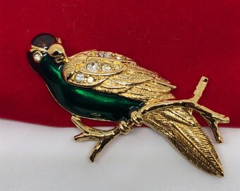 Vintage Enamel Avon Brooches with lots of Rhinestones (all intact). Tropical Bird/Parrot and a Lizard.