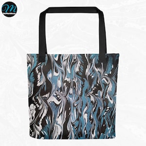 Marbled Tote Bag, Designer Bag, Marbled Accessories blue black white denim
