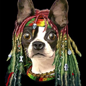 May include: A Boston Terrier dog with red, green, and yellow dreadlocks, wearing a red, green, and yellow bandana with a skull and crossbones design. The dog is wearing a necklace with a bone, a fire hydrant, and a paw print charm.
