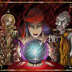 May include: A woman with red hair and a red headscarf gazes into a crystal ball with a swirling blue and green pattern. A man with a white beard and a yellow robe looks on. The scene is set in a room with a gold and brown patterned wall and a clock.