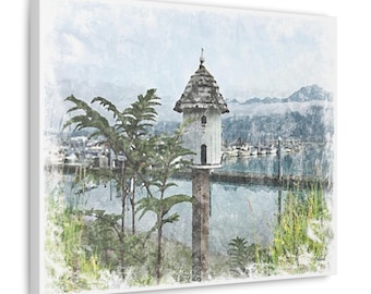 Tower Coast Canvas Gallery Wrap Print, Harbor, Marina, Bird House, Tropical Beach Art.