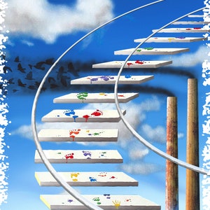 May include: A white staircase with colorful handprints and footprints leading up to a blue sky with clouds. The staircase is part of a circular structure with a silver railing. There are two tall, rusty pipes in the background.