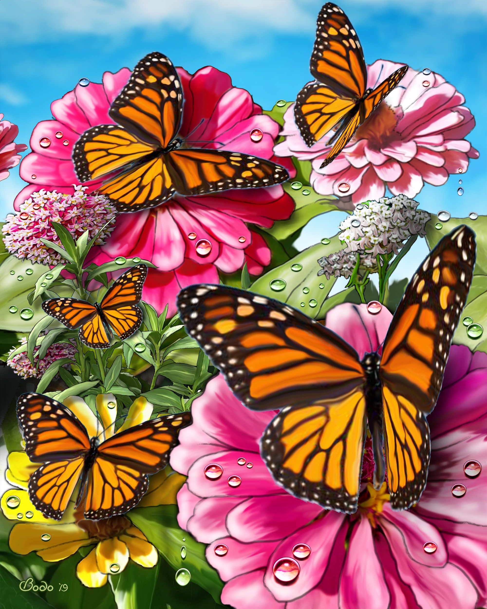 Custom Pen and Ink Monarch Butterfly Flowers Illustrated Mixed Media