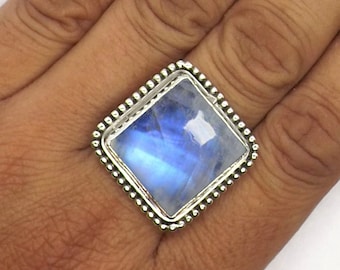 Handmade Rainbow Moonstone Ring, Sterling Silver, Square Gemstone
