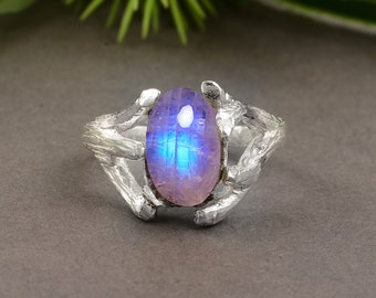Oval Rainbow Moonstone Ring, 925 Sterling Silver Statement Ring