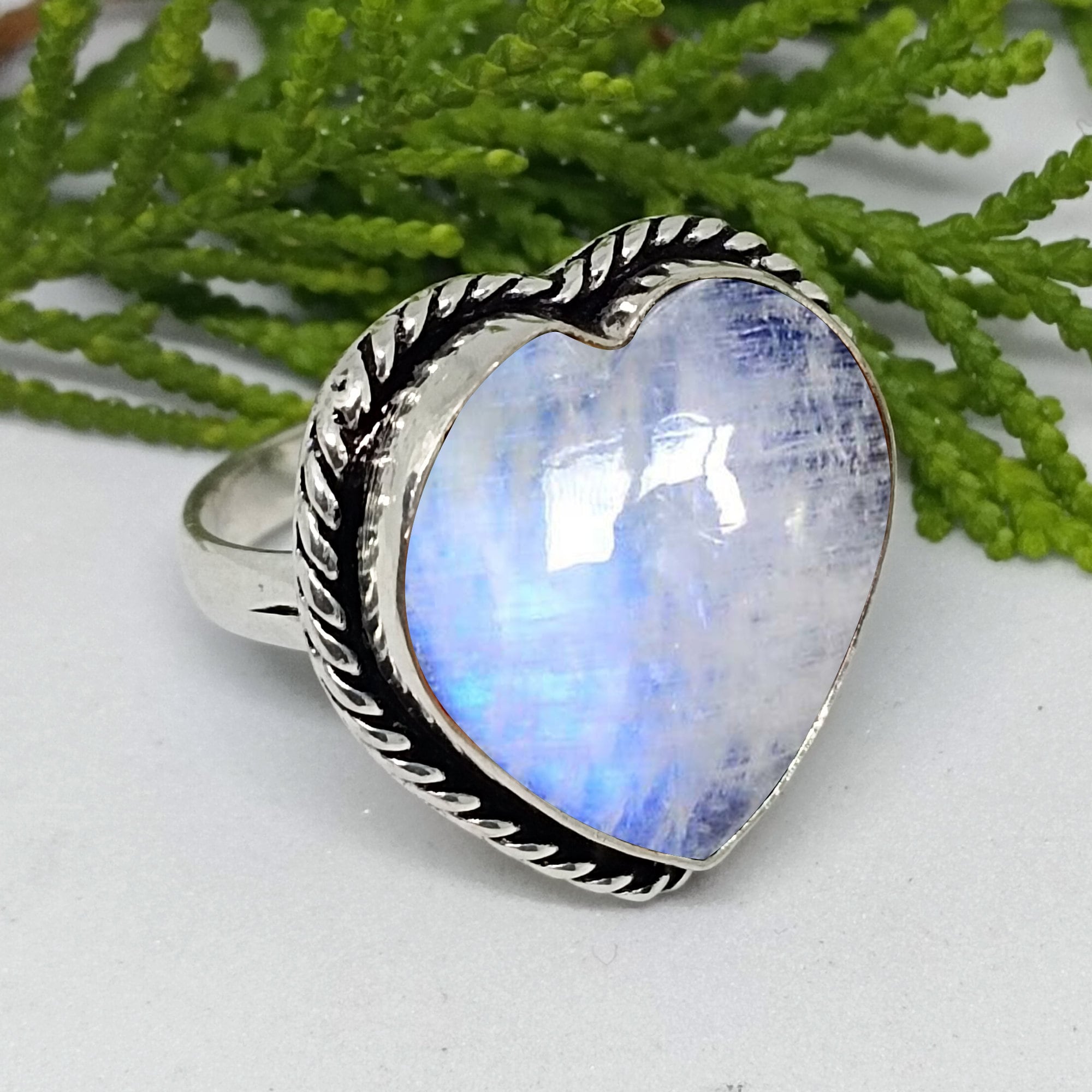 ★47bag ★ 925 Silver Natural Moonstone Raw Stone Heart Ring Rainbow Moonstone Heart Ring in Sterling Silver | New Moon