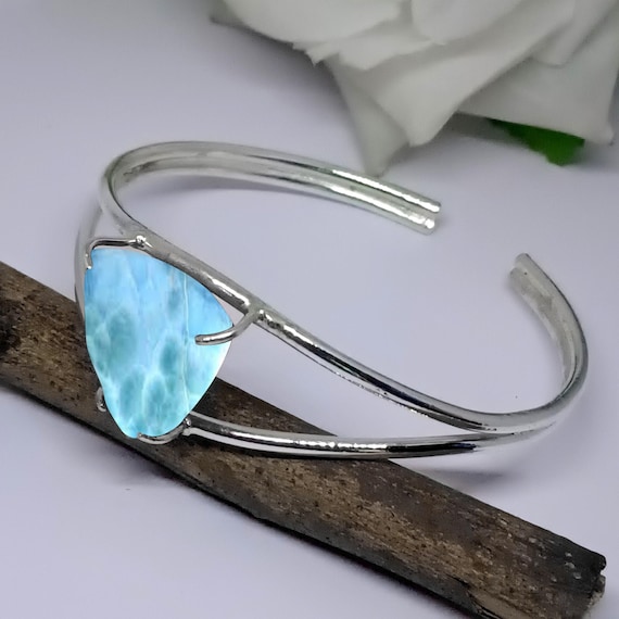 Bracelet Manchette Réglable En Argent 925 Avec Larimar Naturel - Style Ethnique - Neuf Sans Boîte