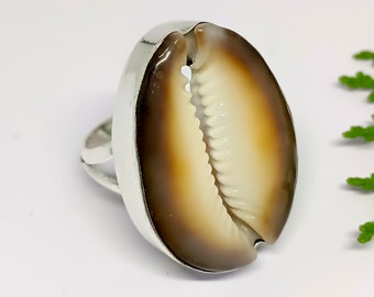 Cowrie Shell 925 Sterling Silver Ring, Handmade Boho Jewelry