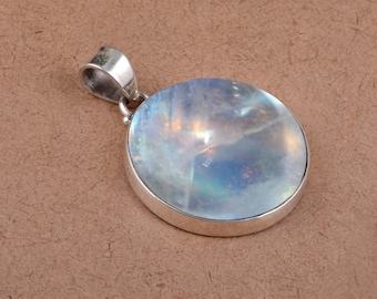 Handmade Round Rainbow Moonstone Pendant: 925 Sterling Silver  Blue Flash