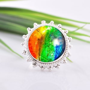 Anillo de ammolita único-925 plata de ley hecho a mano anillo-ammolita joyería hecha a mano-forma redonda anillo minimalista-anillo de regalo de San Valentín para el amor