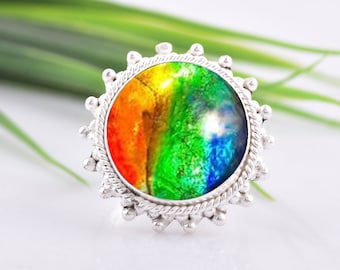 Unique Ammolite Ring-925 Sterling Silver Handmade Ring-Ammolite Handmade Jewelry-Round Shape Minimalist Ring-Valentines Gift Ring For Love