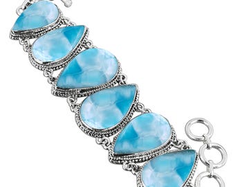 Handmade Larimar 925 Sterling Silver Bracelet, Adjustable Gemstone Chain