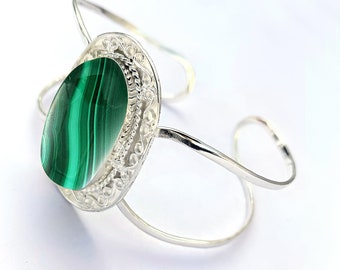 Beautiful Malachite Cuff Bangle/ Bracelet • 925 Sterling silver HANDMADE Adjustable Bangle • Unique Gift For Women •Gorgeous GEMSTONE Bangle