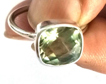 Anillo de prasiolita con corte cojín – Anillo de plata de ley con amatista verde