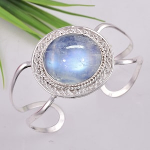 Rainbow Moonstone Cuff Bracelet Sterling Silver with Round Stones Rainbow Moonstone Cuff Bracelet Sterling Silver with Round Stones