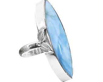 May include: A silver ring featuring a light blue marquise-shaped gemstone and leaf accents.