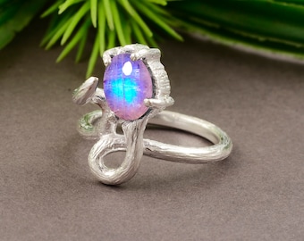 Natural Rainbow Moonstone Sterling Silver Statement Ring, Handmade