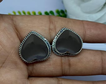 Pendientes de botón en forma de corazón de obsidiana negra, plata de ley 925, hechos a mano.