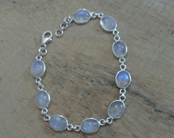 Pulsera de piedra lunar arcoíris natural en plata de ley 925 – Joyería unisex hecha a mano