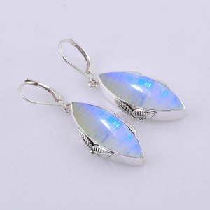 Handmade Marquise Rainbow Moonstone Earrings, 925 Sterling Silver