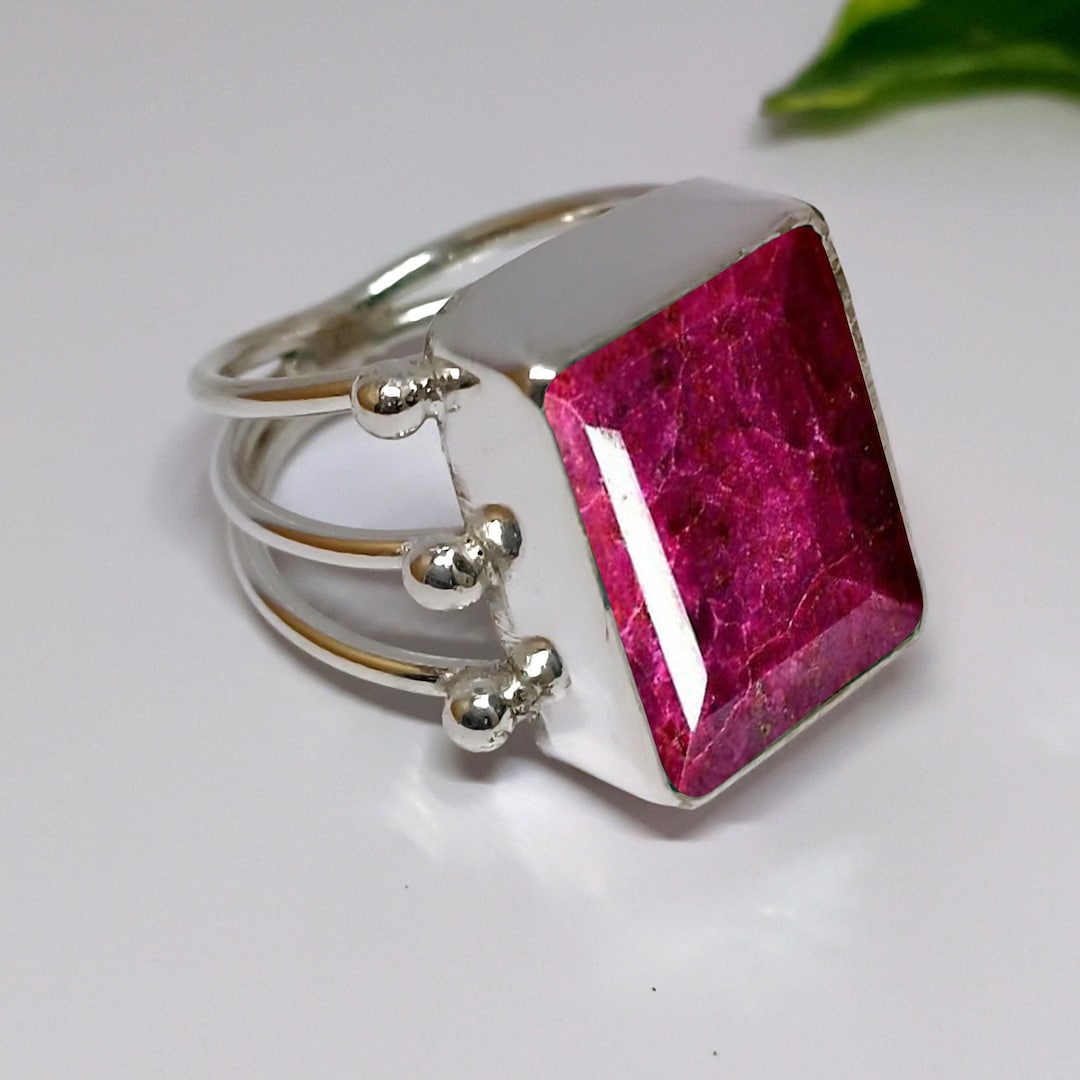 Handmade Red Beryl Ring, 925 Sterling Silver Triple Band, Square ...