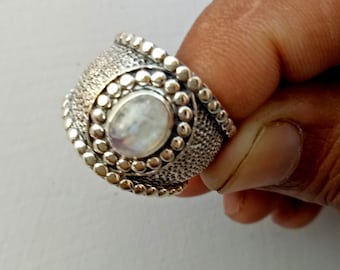 Rainbow Moonstone Ring - Oval Sterling Silver Designer Ring