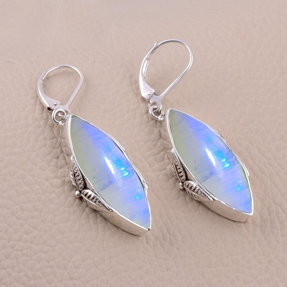 Lab-Created Rainbow Moonstone Dangle Earrings – Silver Plated, Hook Style