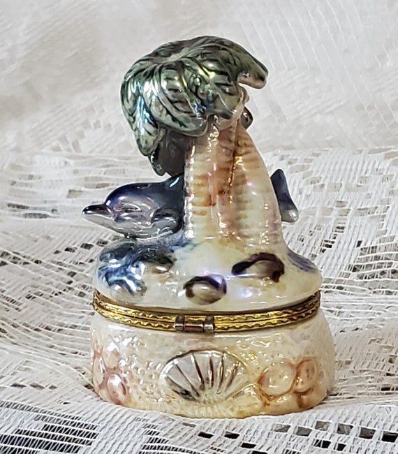 Hinged Trinket Box Palm Tree & Dolphin Ceramic. T… - image 6