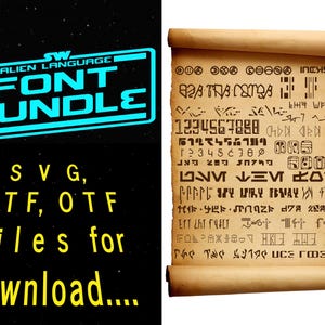 Puede incluir: Una ilustración digital de un paquete de fuentes de lenguaje alienígena. La imagen muestra un rollo con una variedad de símbolos, letras y números alienígenas. El texto "Alien Language Font Bundle" se muestra en un cuadro azul con borde amarillo. El texto "SVG, TTF, OTF Files for Download..." se muestra en texto amarillo sobre un fondo negro.