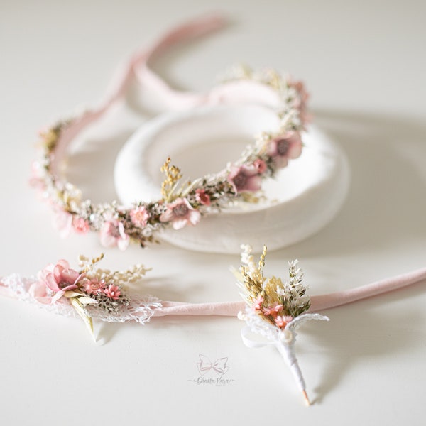 Hochzeit  Haar Blumenkranz/ Anstecker / Blumen Armband / Haarband Taufe/ Blumen Krone und Tiara/ Kinderfotos Requisiten