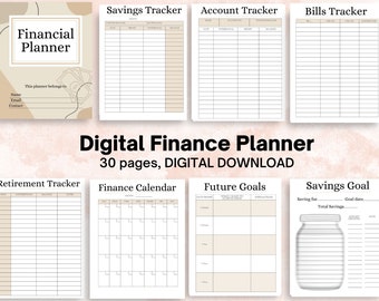 Puede incluir: Un planificador financiero digital de 30 páginas, que incluye secciones para ahorros, cuentas, facturas, jubilación, un calendario, objetivos futuros y un rastreador de objetivos de ahorro. El planificador tiene un esquema de color beige y blanco.