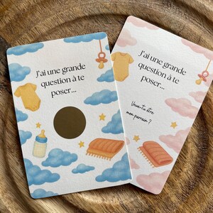 Carte à gratter parrain – Demande originale – Style aquarelle – Fait main – Naissance bébé – 8x12 cm