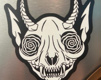 Nyx Skull Fridge Magnet | Gothic Cat Magnet | Dark Cottagecore Decor | Alternative Kitchen Decor | Black Cat Refrigerator Magnet