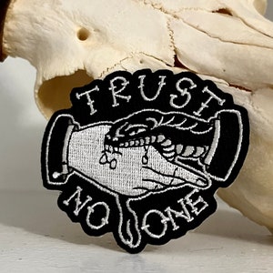 Trust No One Snake Hand Tattoo Patch | Gothic Western Iron-On Patch | Traditional Tattoo Flash Snake Patch | Yallternative Jacket Patch