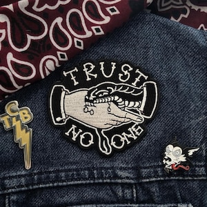 Trust No One Patch, Snake Hand Patch, Western Tattoo Patch, Biker Vest Patch, Iron On Embroidered Patch