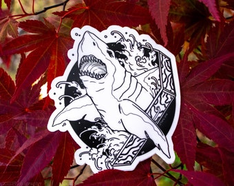 Sticker grand requin blanc - Sticker requin. Autocollant cercueil. Autocollant de tatouage. Sticker requin découpé. Sticker requin. Sticker vinyle requin.