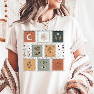 Sellos Boho Ojo Celestial - Colores Confortables, Camiseta Celestial, Camiseta Astrológica, Camiseta Espiritual, Camiseta Estética, Camiseta Mística, Fases Lunares