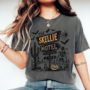 Skellie Motel - Comfort Colors, Funny Skeleton Halloween Fall Tee, Halloween Humor Vintage, Trendy Halloween Shirt, Trendy Skeleton shirt