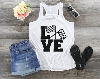 Checkered flag LOVE - womens racerback tank. checkered flag shirt, fast cars shirt, raceday shirt, race day tank, carb day, racing shirt