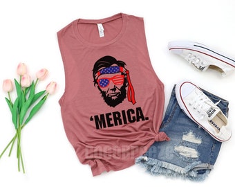 Merica Lincoln Headband - womens muscle tank. patriotic shirt, memorial day, labor day, july 4, 4th of july, abe drinking, ben drankin