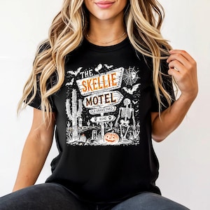 Skellie Motel (White) - Halloween Tshirt, Funny Skeleton Halloween Fall Tee, Halloween Humor Vintage, Trendy Halloween tee, Trendy Skeleton
