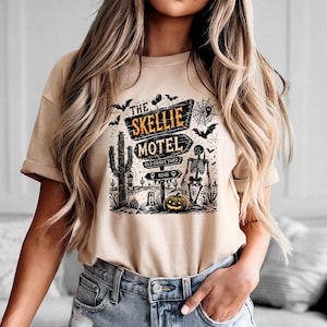 Skellie Motel - Halloween Tshirt, Funny Skeleton Halloween Fall Tee, Halloween Humor Vintage, Trendy Halloween Shirt, Trendy Skeleton shirt