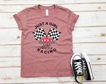 Just a girl who love racing - unisex youth tshirt. checkered flag, fast cars shirt, racer shirt, raceday shirt, race day shirt, carb day